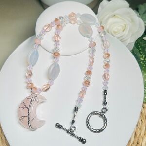 Unique Rose Quartz Pink Crystal Tree of Life Crescent Moon Pendant Necklace